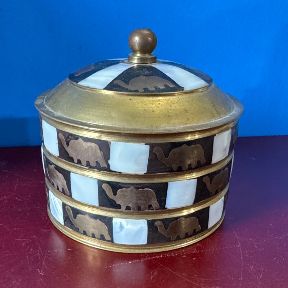 Vintage Brass Trinket Box with Mother of Pearl Inlay, Elephant Motif